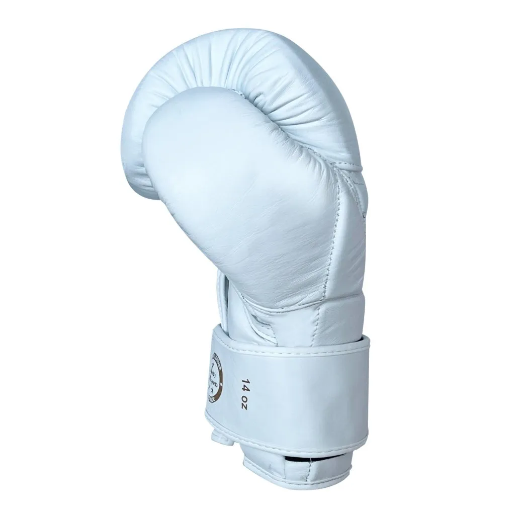 Luva de Kickboxing Joya Falcon em Couro Premium Branco-Dourado